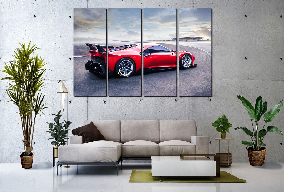Red Ferrari Cavalcade on Large Canvas Print Beautiful Red Car With Horse on Hood for Decorations