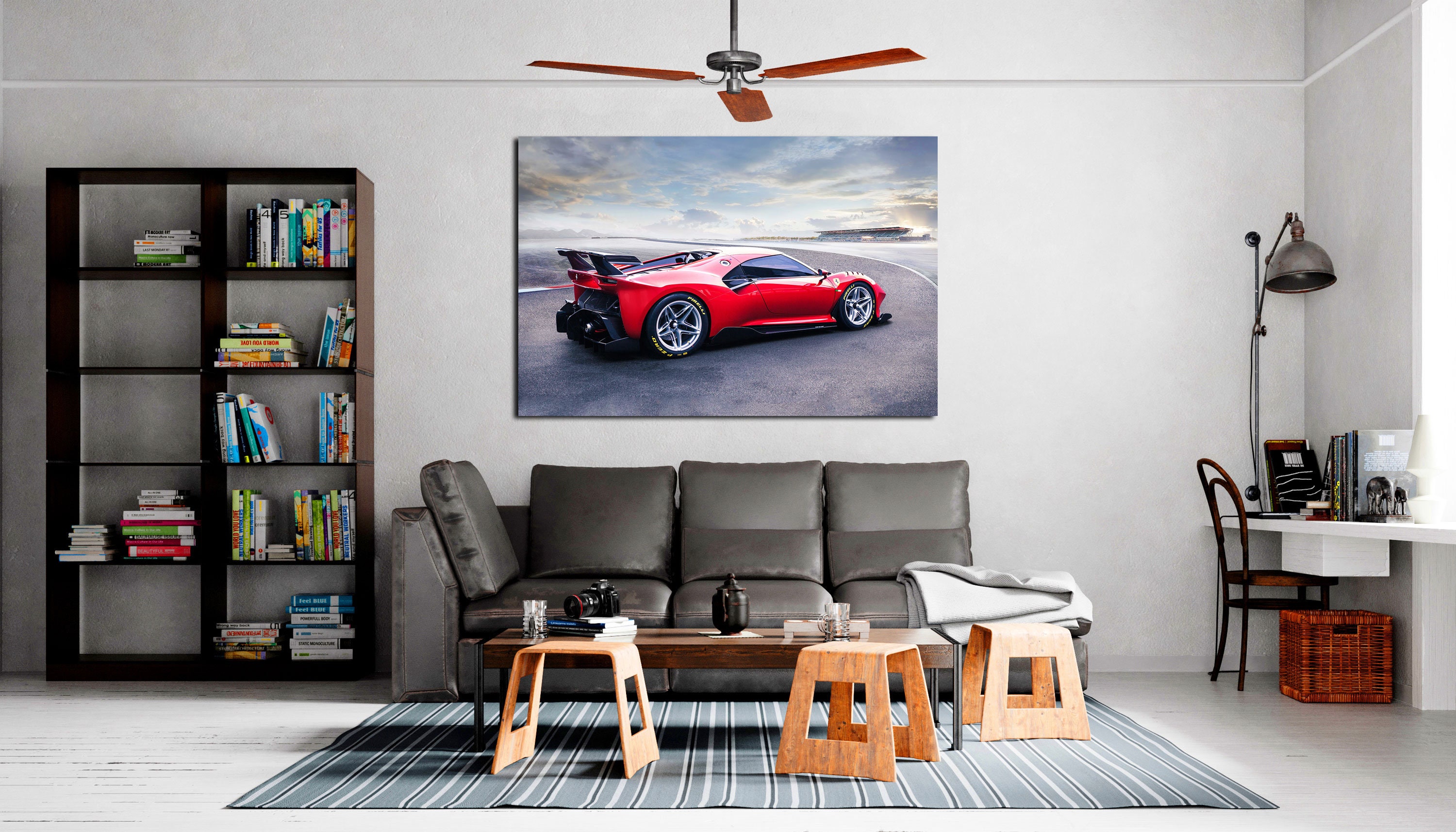 Red Ferrari Cavalcade on Large Canvas Print Beautiful Red Car With Horse on Hood for Decorations