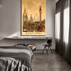 May include: A vintage-style illustration of the Barcelona skyline, featuring the iconic Sagrada Familia cathedral and other notable landmarks. The image is printed on a textured, beige background with the word "BARCELONA" printed at the bottom.