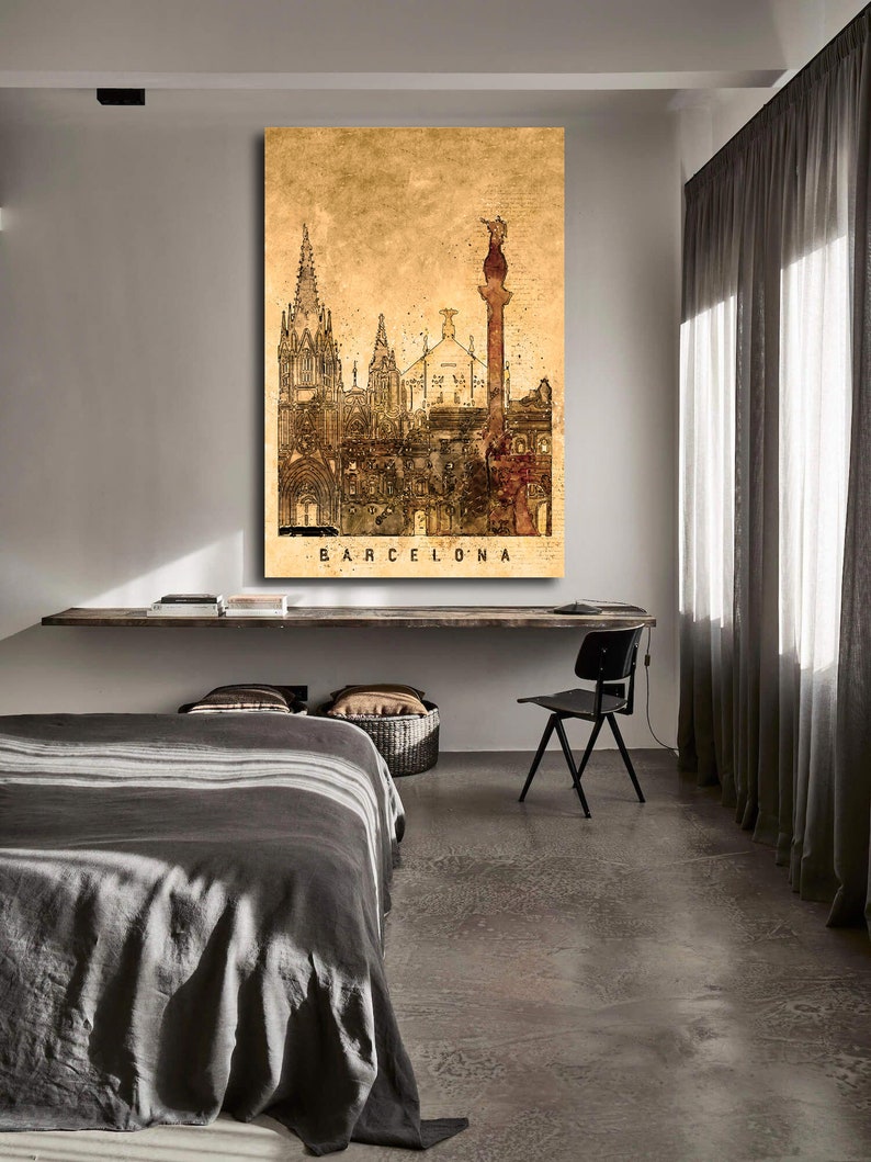 May include: A vintage-style illustration of the Barcelona skyline, featuring the iconic Sagrada Familia cathedral and other notable landmarks. The image is printed on a textured, beige background with the word "BARCELONA" printed at the bottom.