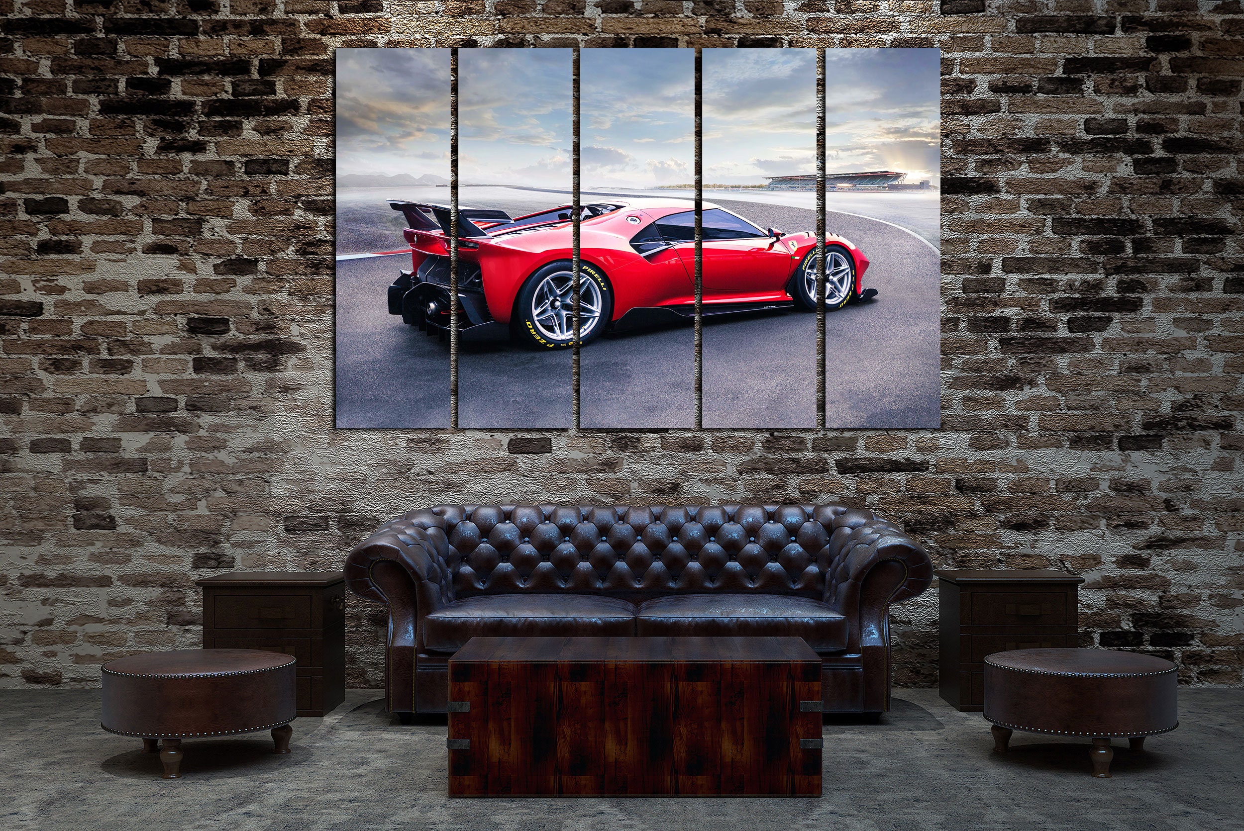 Red Ferrari Cavalcade on Large Canvas Print Beautiful Red Car With Horse on Hood for Decorations