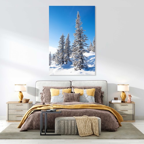 Snowy Forest Spruce Trees Large Decor for Wall, Winter landscape for Home, Sunny Winter store Day Art for Interior, Nature Print Canvas