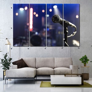 Open Microphone on Stage with Bright Lighting Microphone on Big Stage Wall Decor in Studio Original Gift for Musician Image with Microphone