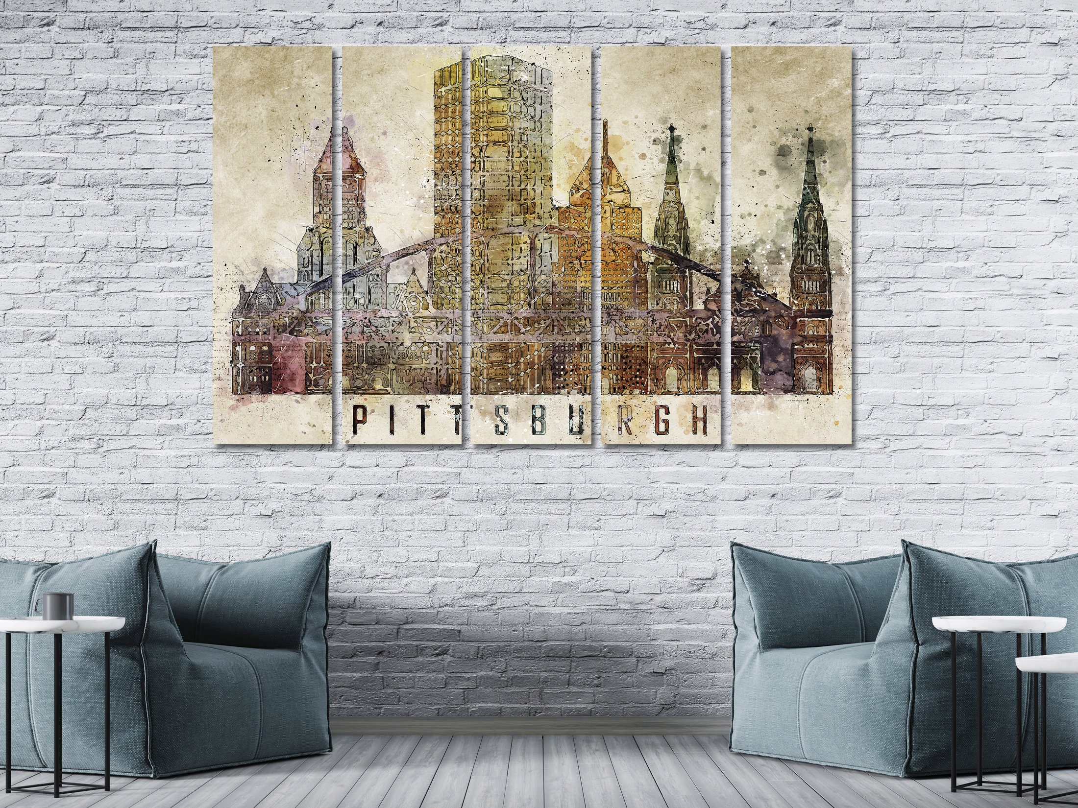 Pittsburgh Watercolor Canvas Set Wall Art Pittsburgh Skyline Living