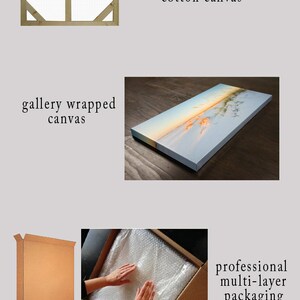 May include: A gallery wrapped canvas painting with a natural wood frame. The canvas is wrapped around the frame and the edges are painted. The painting is of a beach scene with a sunset in the background. The painting is packaged in a cardboard box with bubble wrap for protection.