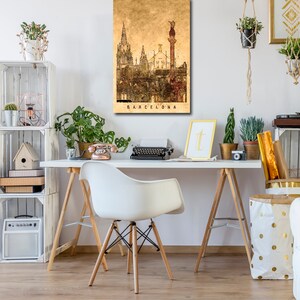 May include: A vintage-style illustration of the Barcelona skyline, featuring prominent buildings and a column with a statue on top. The illustration is printed on a beige background with a faded, textured look. The text "BARCELONA" is printed below the illustration.