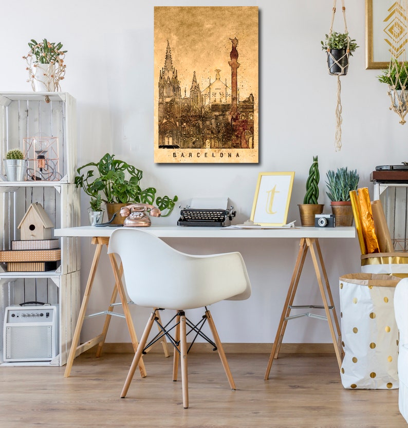 May include: A vintage-style illustration of the Barcelona skyline, featuring prominent buildings and a column with a statue on top. The illustration is printed on a beige background with a faded, textured look. The text "BARCELONA" is printed below the illustration.