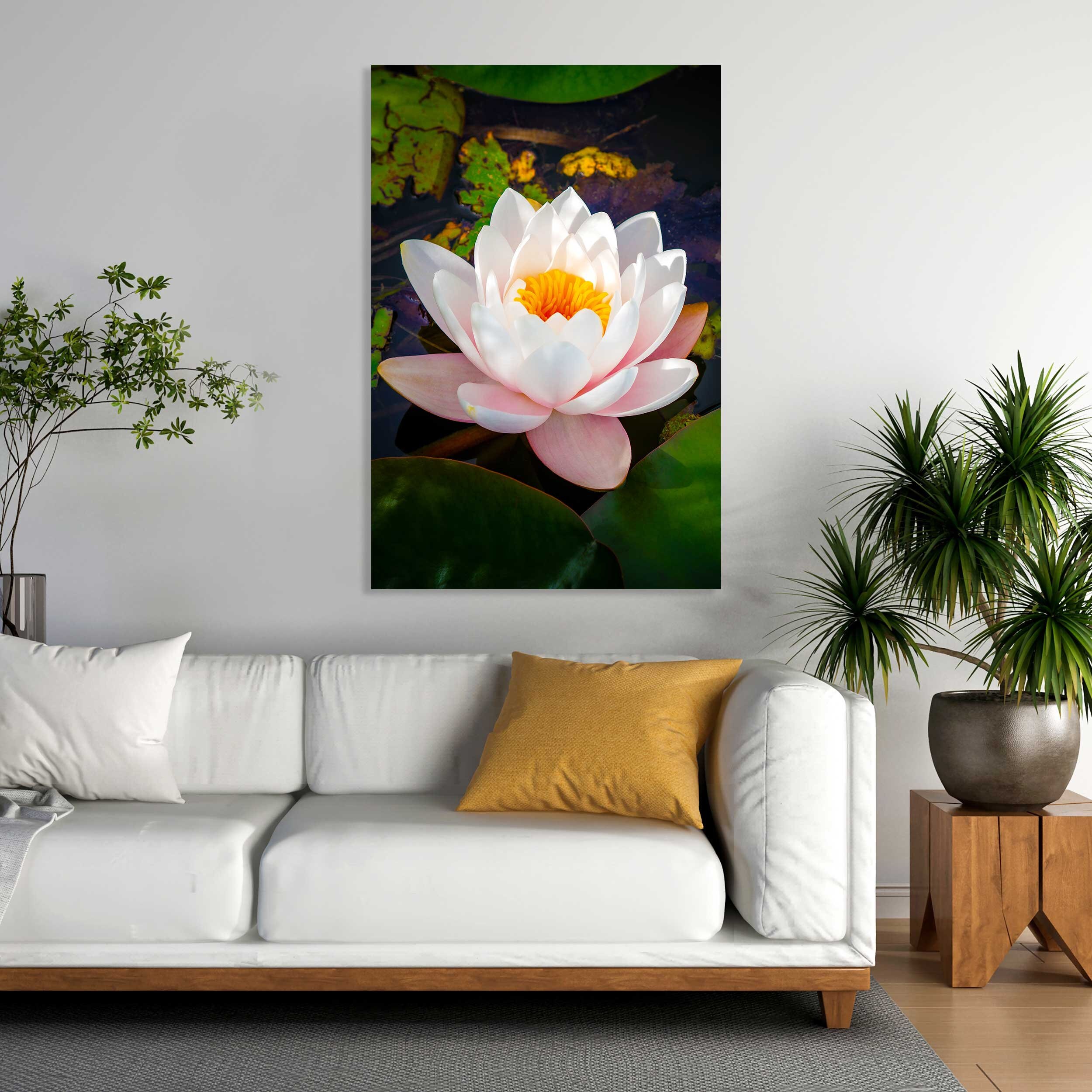 White Sacred Lotus Flower Popular Art Print on Canvas, Original Wall ...