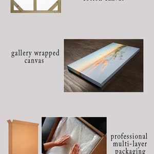 May include: A gallery wrapped canvas painting with a natural wood frame. The canvas is wrapped around the frame and the edges are painted. The painting is on a wooden surface. The painting is protected by bubble wrap and packaged in a cardboard box.  The text "professional multi-layer packaging" is visible in the image.