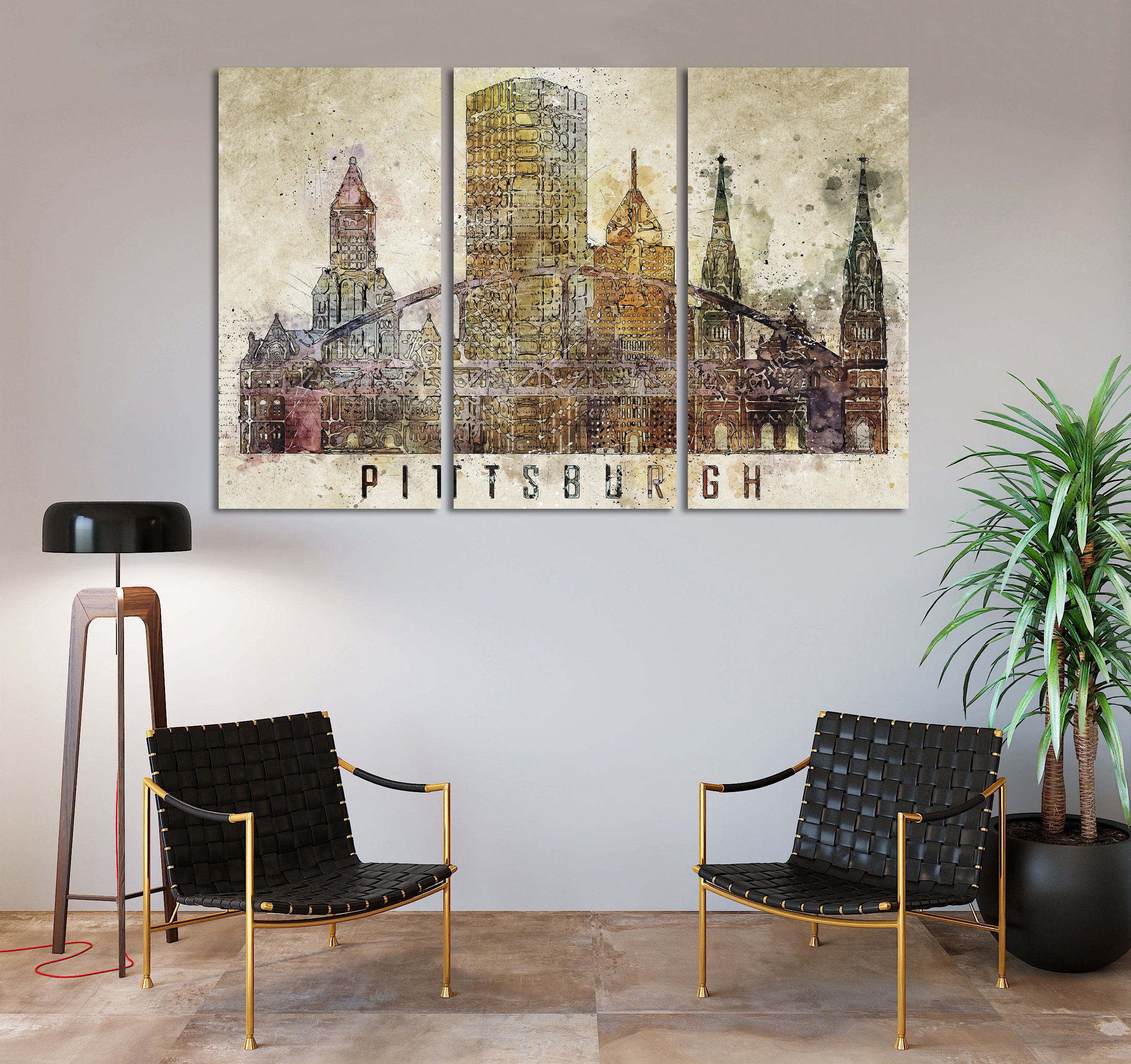 Pittsburgh Watercolor Canvas Set Wall Art Pittsburgh Skyline Living
