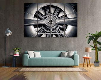 Beautiful Vintage Propeller Engine on Extra Large Canvas Sets Old Black & White Picture with Airplanes Engine Awesome Loft Artwork for Decor