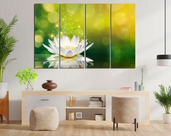 White Lotus Flower on Green Background Sparkling Lotus Printed on Extra Large Canvases Sets Cool Idea for Wall Decor in House