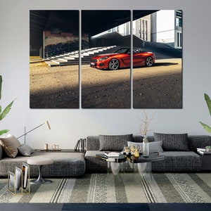 Awesome BMW Z4 in New Body between Urban Architecture Beautiful Roadster BMW Z4 on Large Canvas Print Original Automotive Art for Decor Room
