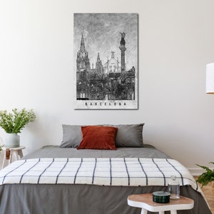 May include: Black and white illustration of the Barcelona skyline with the text "BARCELONA" at the bottom.