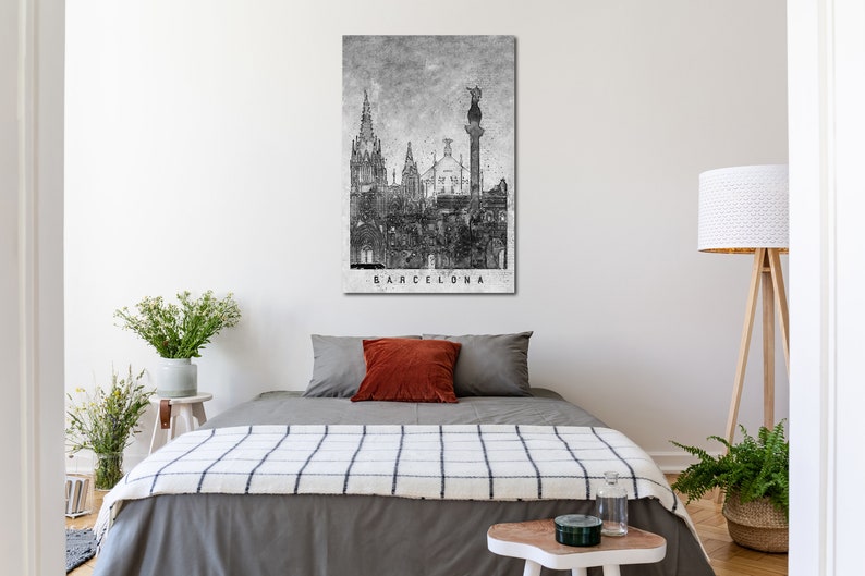 May include: Black and white illustration of the Barcelona skyline with the text "BARCELONA" at the bottom.