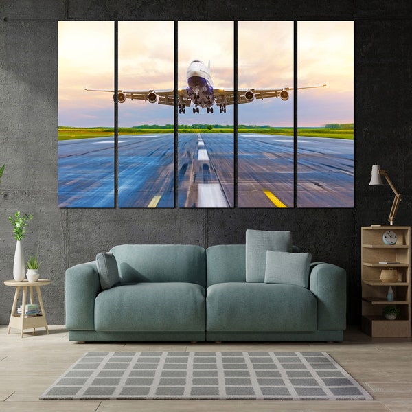 Huge Plane Lands on Runway Cool Dynamic Photo of an Airplane on Large Canvas Prints Beautiful Aviation Wall Decor in Logistics Company