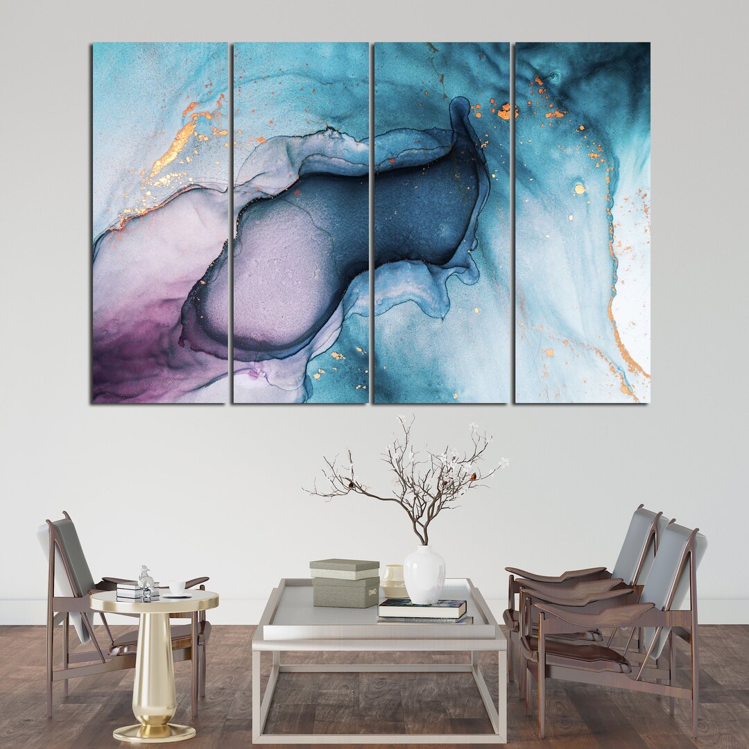 Navy Blue Wall Art Blue Gold Canvas Abstract Painting Gold Print Marble