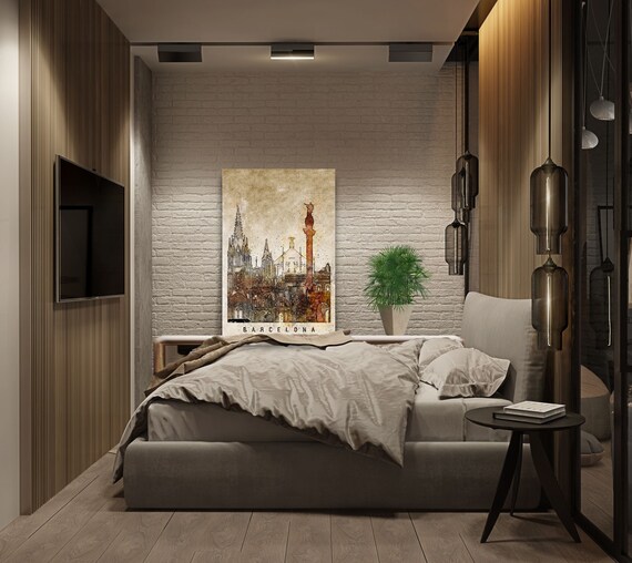Barcelona wall art canvas set. Contemporary canvas art. Abstract cityscape. Barcelona city wall decor. Office decor. Living room wall decor.