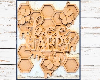 wood craft kit | bee happy honeycomb hanging sign | diy unfinished unassembled