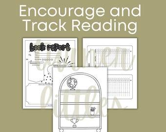 May include: Black and white printable worksheets for encouraging and tracking reading. The worksheets include a book report template, a reading log, and a bookshelf with a globe, pencils, and a trophy.