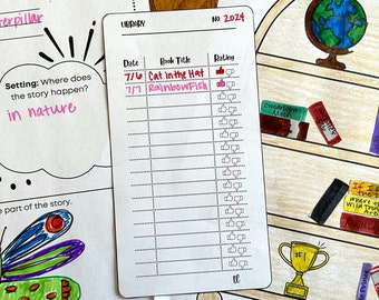 May include: A collection of children's book-themed printables, including a book report form for "The Very Hungry Caterpillar" and a reading log. The report features a drawing of a butterfly. A bookshelf illustration is also included.