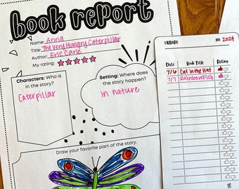 May include: A book report worksheet with a drawing of a butterfly and the text "Then he became a beautiful butterfly." The worksheet also includes sections for the book title, author, characters, setting, and a rating.