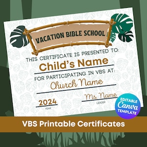 Jungle Vacation Bible School Certificate - VBS Certificate Template - Editable & Printable - Jungle Themed VBS Award - Instant PDF Download