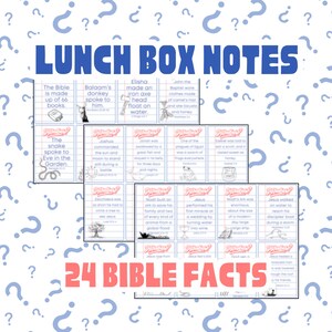 May include: A colourful printable worksheet with 24 Bible facts for children. Each fact is illustrated with a cartoon image and presented in a colourful box with a blue question mark border. The worksheet is titled "Lunch Box Notes" and "24 Bible Facts".