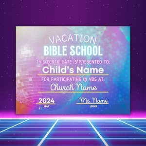 Starten Sie das Party Urlaubs Bibel Schul Zertifikat - VBS Zertifikat Vorlage - Bearbeitbar & druckbar - Party Themed VBS Award Canva Vorlage