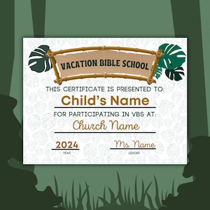 Jungle Journey Vacation Bible School Certificate - VBS Certificate Template - Editable & Printable - Jungle Themed VBS Award - PDF Download