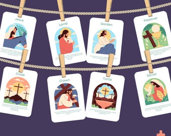 Puede incluir: Un conjunto de nueve tarjetas ilustradas con una cuerda y pinzas para colgarlas. Cada tarjeta presenta una escena diferente de la historia de Pascua, incluyendo a Jesús, el Cordero, el Jardín, la Pascua, la Cruz, la Corona, la Tumba y el Salvador. Las tarjetas están diseñadas para niños e incluyen texto sobre cada escena.