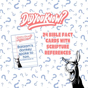 May include: A set of 24 Bible fact cards with scripture references. The cards feature a pink and white design with the text "Did You Know?" and a cartoon donkey. One card shows the text "Balaam's donkey spoke to him. Numbers 22:28-30".