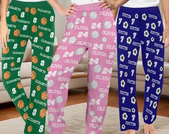 Custom Ball Pajama Pants, Personalized Softball/Basketball/Football/Volleyball/Soccer Team Gifts