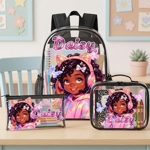 Custom Black Girl Clear Backpack Set, 3Pcs Personalized Kids Transparent School Bag, Stadium Approved Name  Backpack, Back to School Gifts
