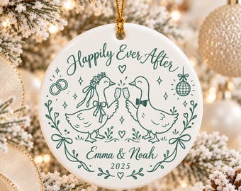 Custom First Christmas Married Ornament, Personalized Wedding Ceramic Xmas Tree Decor, Newlywed Holiday Keepsake