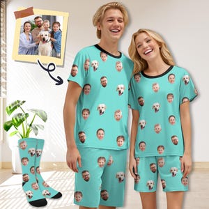 Custom Short Pajama Set, Custom Pajamas with Any Pictures Logo, Personalized Pajamas for Husband Wife, Matching Pet Owner Set, Faces Pajamas