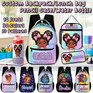 Sac à dos avec prénom personnalisé pour enfants, cartable afro-fille pour étudiante, texte personnalisé sur le sac à lunch, bouteille d'eau, pochette à crayons, cadeau amusant pour la rentrée des classes