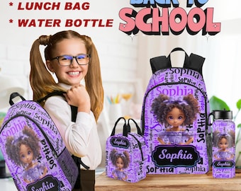 Ensemble de sac à dos afro-américain personnalisé, sac à lunch, bouteille d'eau