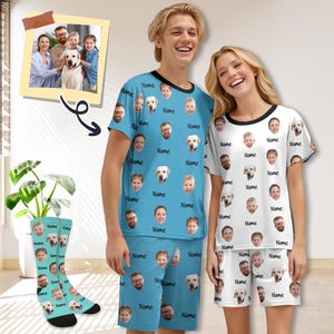 Custom Couple Pajama Set, Custom Pajamas with Pictures Name, Personalized Pajamas for Husband Wife, Matching Pet Set, Face Pajamas with Text