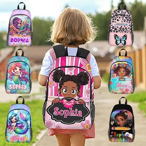 Sac à dos personnalisé avec nom, sac à dos afro fille pour enfant, cartable sirène personnalisé sac à lunch bouteille d'eau, cadeaux de rentrée pour fille
