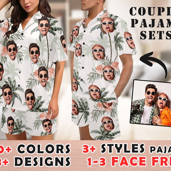 Custom Face Couple Pajamas Sets for Her/Him, Anniversary Honeymonn Gifts for Boyfriend/Girlfriend, Slumber Party PJs Best Gifts for Birthday