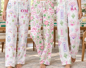 Personalized Mahjong Pajama Pants for Women, White Floral Print, Custom Name Loungewear