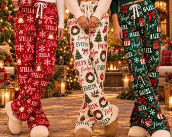 Personalized Christmas Pajama Pants, Custom Name Holiday Lounge Bottoms