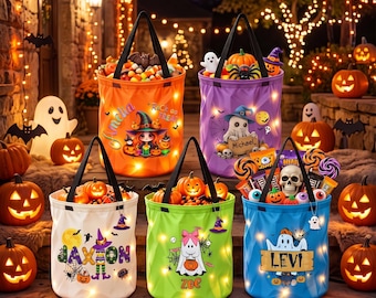 Personalized LED Halloween Candy Bucket, Glowing Trick-or-Treat Bag (Custom Name)