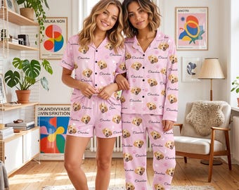 Custom Photo Pajama Set, Personalized Name Sleepwear, Dog Mom Gift (100% Polyester)