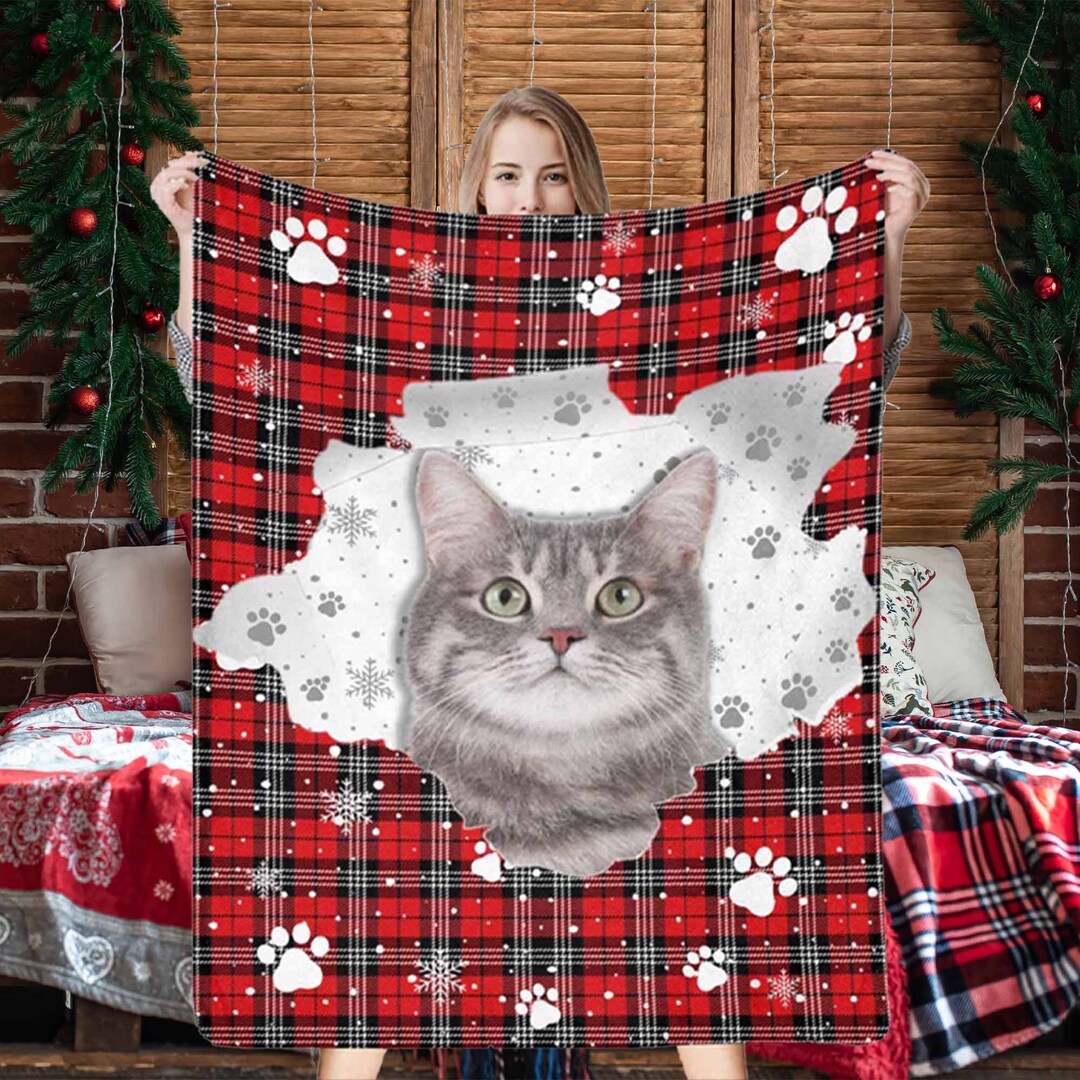 Custom Cat Christmas Blanket Pet Photo Classic Buffalo Plaid Etsy