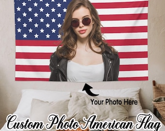 Personalized Photo American Flag Tapestry, Custom Wall Decor, Party Banner,Mother's Day Gift