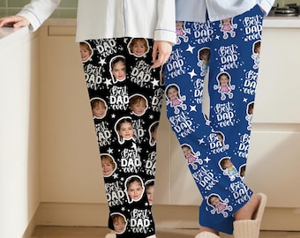 Best Dad Ever Pajama,Custom Text Pajama Pants with Faces, Father&#39;s Day Gifts for Dad Mom,Women Pajama Pants, Personalized Pajamas with Face