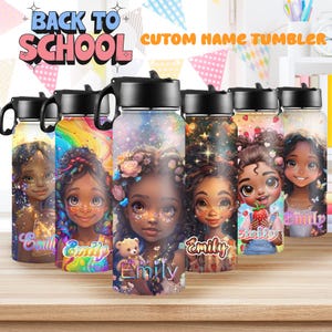 Personalized Name Black Girl Tumbler,Water Bottle With Straw Lid,Custom Water Bottle, Personalized Kids Cup,Back to school, Birthday Gift