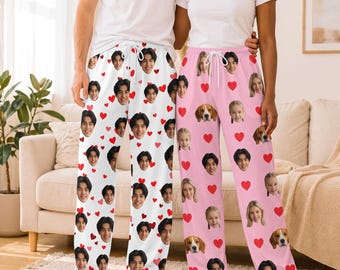 Custom Face Heart Pajama Pants, Personalized Photo Lounge Wear, Matching Couple Sleepwear